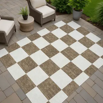 9' X 12' Chocolate And Ivory Geometric Washable Indoor Outdoor Area Rug