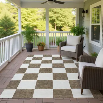 9' X 12' Chocolate And Ivory Geometric Washable Indoor Outdoor Area Rug
