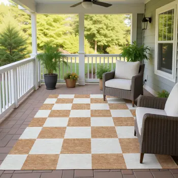 8' X 10' Copper And Ivory Geometric Washable Indoor Outdoor Area Rug