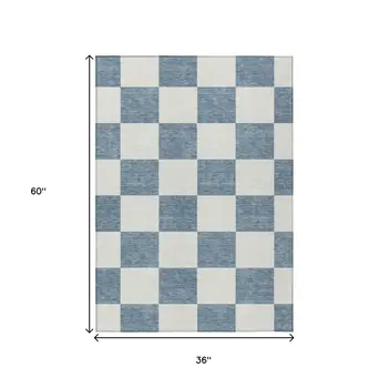 3' X 5' Denim Blue And Ivory Geometric Washable Indoor Outdoor Area Rug