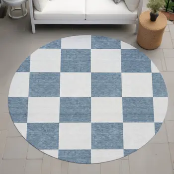 8' Denim Blue And Ivory Round Geometric Washable Indoor Outdoor Area Rug