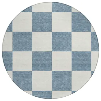 8' Denim Blue And Ivory Round Geometric Washable Indoor Outdoor Area Rug