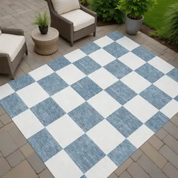 10' X 14' Denim Blue And Ivory Geometric Washable Indoor Outdoor Area Rug