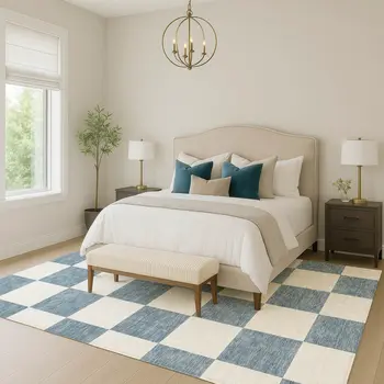 10' X 14' Denim Blue And Ivory Geometric Washable Indoor Outdoor Area Rug