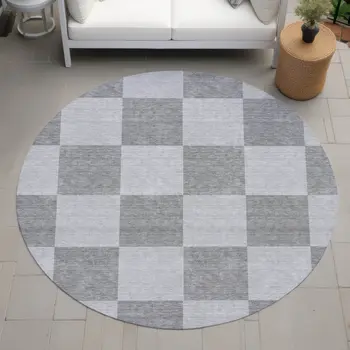 8' Gray And Pewter Round Geometric Washable Indoor Outdoor Area Rug