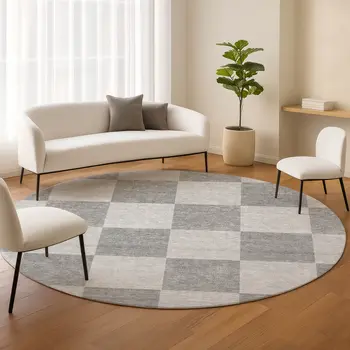 8' Gray And Pewter Round Geometric Washable Indoor Outdoor Area Rug