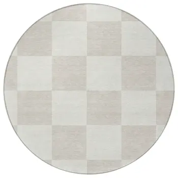 8' Ivory And Beige Round Geometric Washable Indoor Outdoor Area Rug