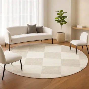 8' Ivory And Beige Round Geometric Washable Indoor Outdoor Area Rug