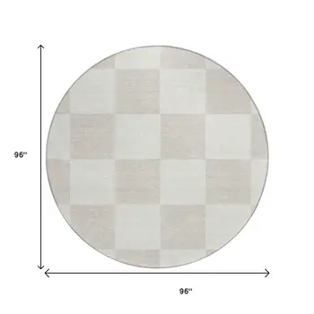 8' Ivory And Beige Round Geometric Washable Indoor Outdoor Area Rug
