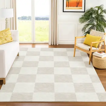 9' X 12' Ivory And Beige Geometric Washable Indoor Outdoor Area Rug