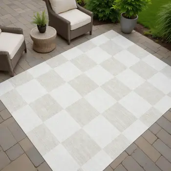 10' X 14' Ivory And Beige Geometric Washable Indoor Outdoor Area Rug