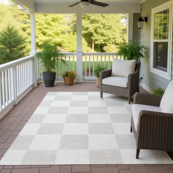 10' X 14' Ivory And Beige Geometric Washable Indoor Outdoor Area Rug