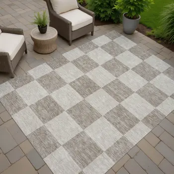 5' X 8' Khaki And Taupe Geometric Washable Indoor Outdoor Area Rug
