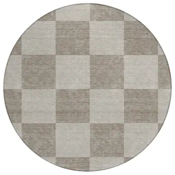8' Khaki And Taupe Round Geometric Washable Indoor Outdoor Area Rug