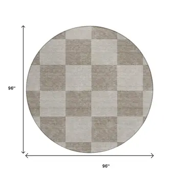 8' Khaki And Taupe Round Geometric Washable Indoor Outdoor Area Rug