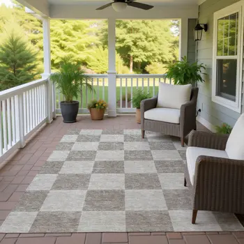 9' X 12' Khaki And Taupe Geometric Washable Indoor Outdoor Area Rug