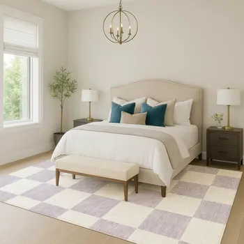9' X 12' Lavender And Ivory Geometric Washable Indoor Outdoor Area Rug