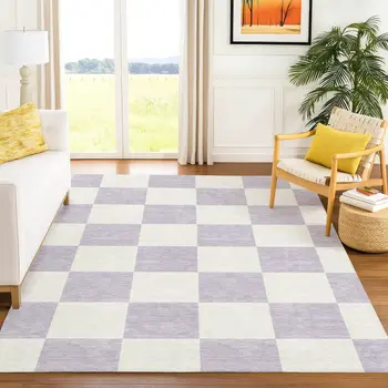 9' X 12' Lavender And Ivory Geometric Washable Indoor Outdoor Area Rug