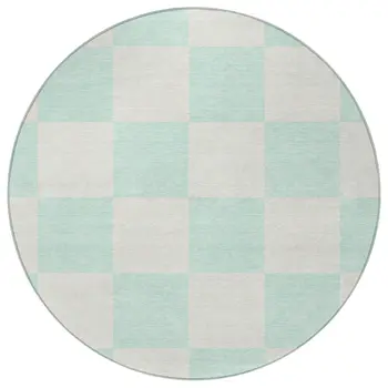 8' Mint Green And Ivory Round Geometric Washable Indoor Outdoor Area Rug