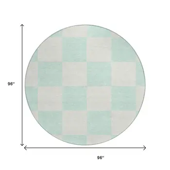 8' Mint Green And Ivory Round Geometric Washable Indoor Outdoor Area Rug