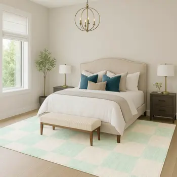 9' X 12' Mint Green And Ivory Geometric Washable Indoor Outdoor Area Rug