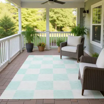 9' X 12' Mint Green And Ivory Geometric Washable Indoor Outdoor Area Rug