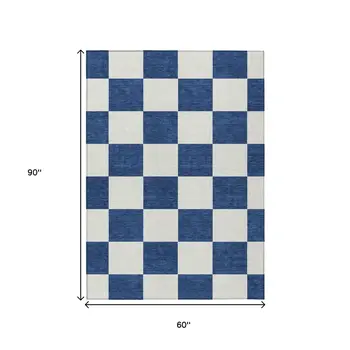 5' X 8' Navy Blue And Ivory Geometric Washable Indoor Outdoor Area Rug