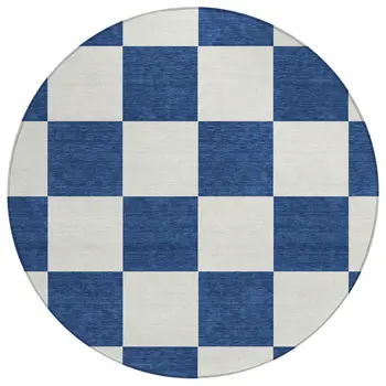 8' Navy Blue And Ivory Round Geometric Washable Indoor Outdoor Area Rug