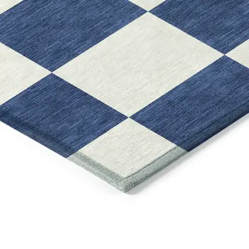 8' Navy Blue And Ivory Round Geometric Washable Indoor Outdoor Area Rug
