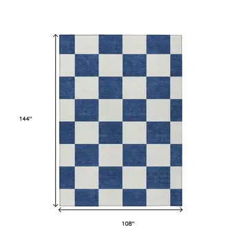 9' X 12' Navy Blue And Ivory Geometric Washable Indoor Outdoor Area Rug
