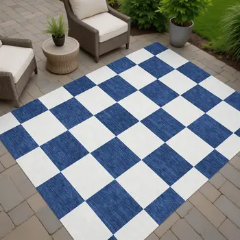 10' X 14' Navy Blue And Ivory Geometric Washable Indoor Outdoor Area Rug