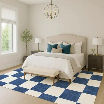 10' X 14' Navy Blue And Ivory Geometric Washable Indoor Outdoor Area Rug