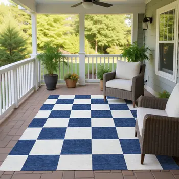 10' X 14' Navy Blue And Ivory Geometric Washable Indoor Outdoor Area Rug