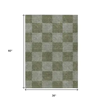 3' X 5' Olive Green And Gray Geometric Washable Indoor Outdoor Area Rug