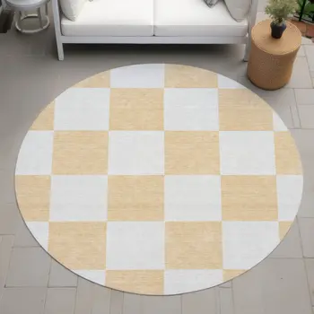 8' Peach And Beige Round Geometric Washable Indoor Outdoor Area Rug