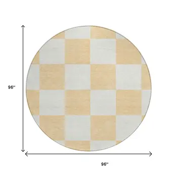 8' Peach And Beige Round Geometric Washable Indoor Outdoor Area Rug
