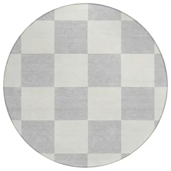 8' Silver And Ivory Round Geometric Washable Indoor Outdoor Area Rug