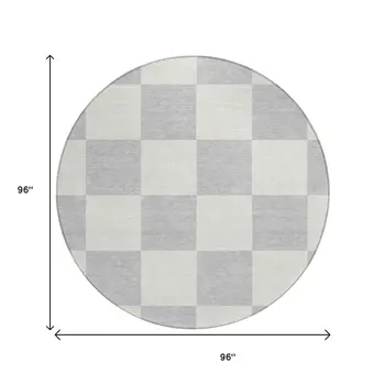 8' Silver And Ivory Round Geometric Washable Indoor Outdoor Area Rug