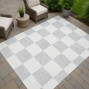 9' X 12' Silver And Ivory Geometric Washable Indoor Outdoor Area Rug