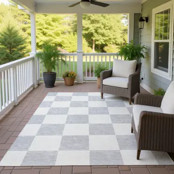 9' X 12' Silver And Ivory Geometric Washable Indoor Outdoor Area Rug