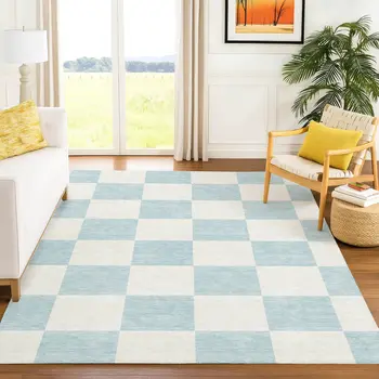 3' X 5' Sky Blue And Ivory Geometric Washable Indoor Outdoor Area Rug