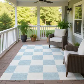 3' X 5' Sky Blue And Ivory Geometric Washable Indoor Outdoor Area Rug