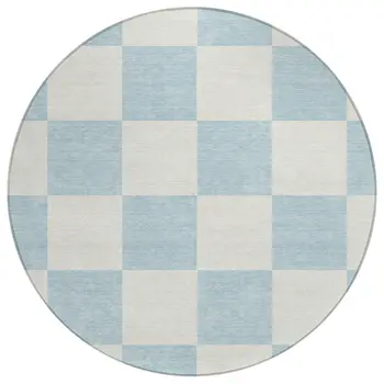 8' Sky Blue And Ivory Round Geometric Washable Indoor Outdoor Area Rug