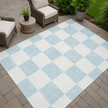 9' X 12' Sky Blue And Ivory Geometric Washable Indoor Outdoor Area Rug