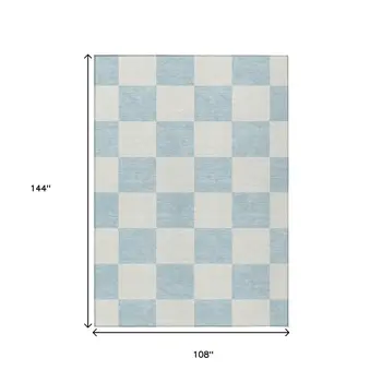 9' X 12' Sky Blue And Ivory Geometric Washable Indoor Outdoor Area Rug
