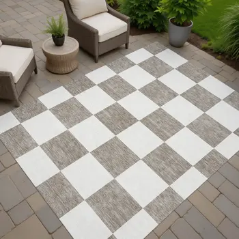 3' X 5' Taupe And Ivory Geometric Washable Indoor Outdoor Area Rug