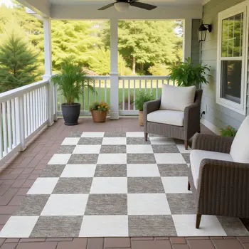 3' X 5' Taupe And Ivory Geometric Washable Indoor Outdoor Area Rug