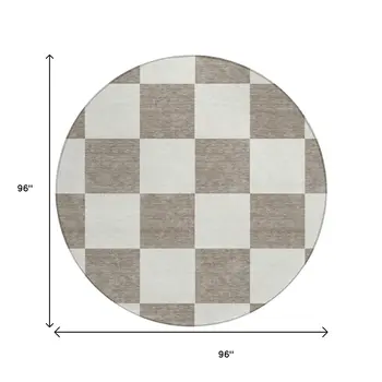 8' Taupe And Ivory Round Geometric Washable Indoor Outdoor Area Rug