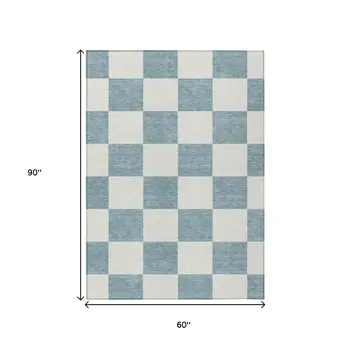 5' X 8' Teal Blue And Ivory Geometric Washable Indoor Outdoor Area Rug
