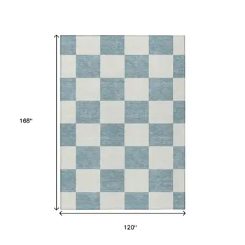 10' X 14' Teal Blue And Ivory Geometric Washable Indoor Outdoor Area Rug